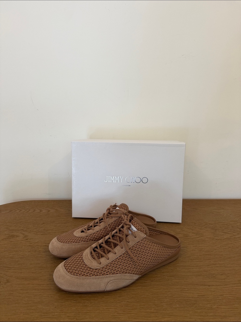 Jimmy Choo Women’s Sunny Mule  Tan Mesh & Suede Slip-On Sneakers